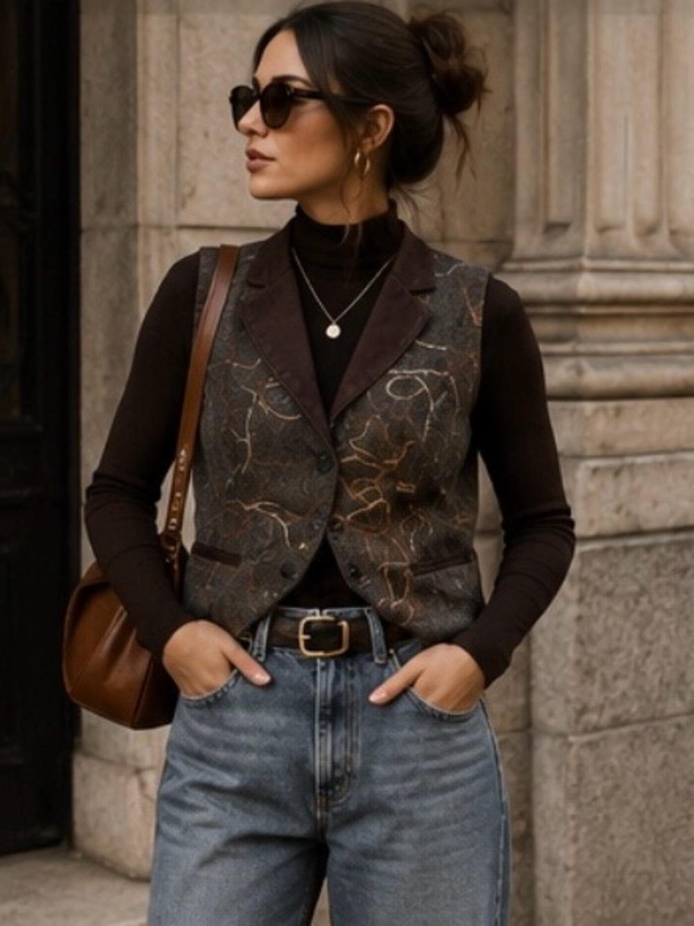 Coldwater Creek Vintage Brown Tweed Vest with Crewel Details